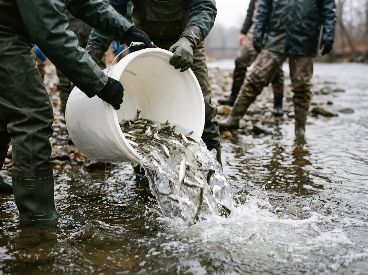 Des bénévoles en waders déversent des alevins dans une rivière